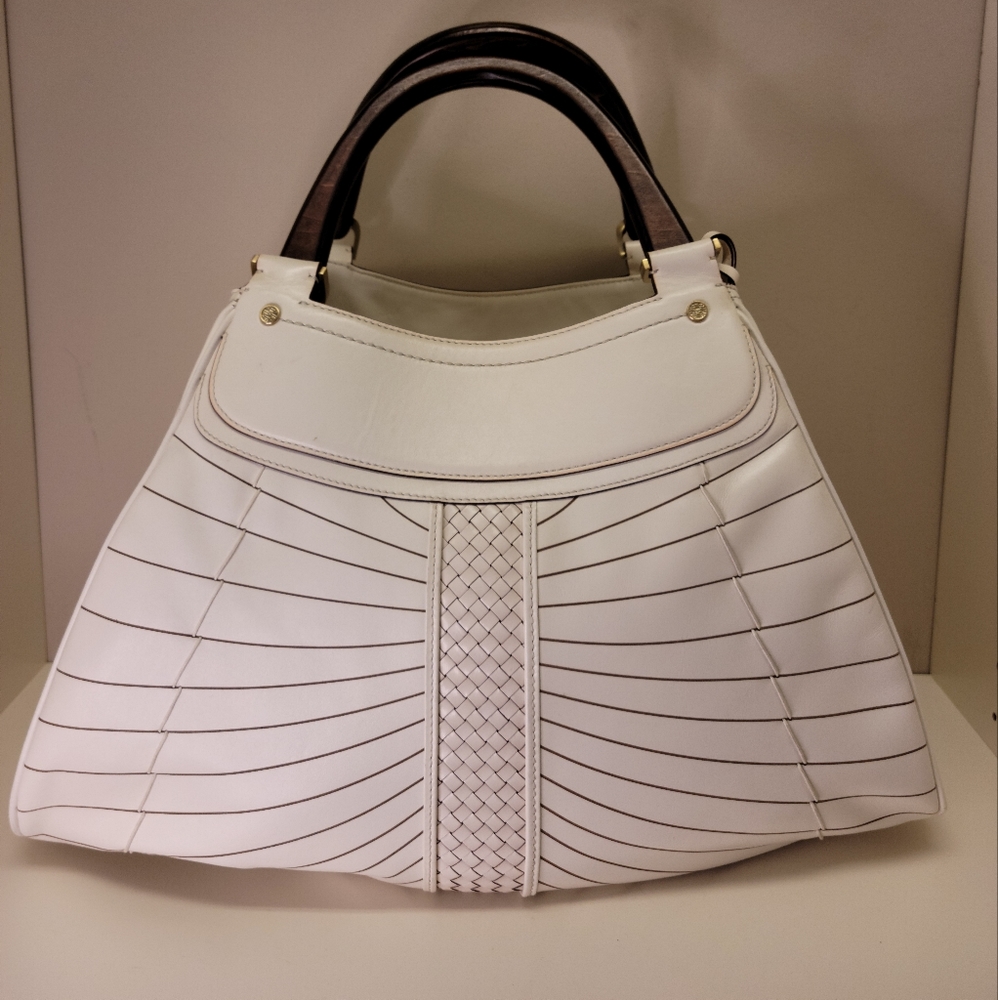 Cole Haan Large Cream Leather Purse with Wooden Handles